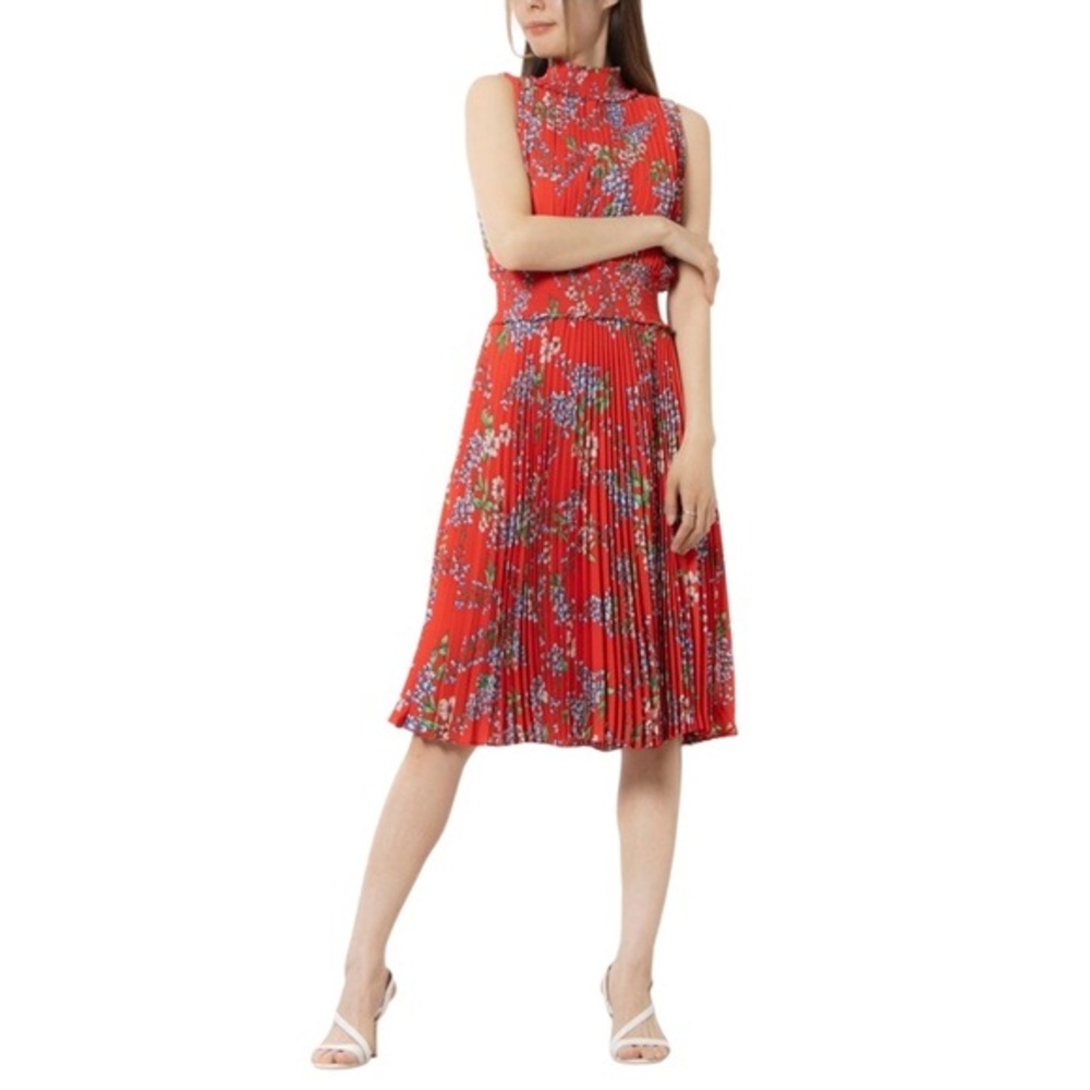 Nanette Lepore Red Floral Print Smoke Pleated Sleeveless Lined Midi Dress 14